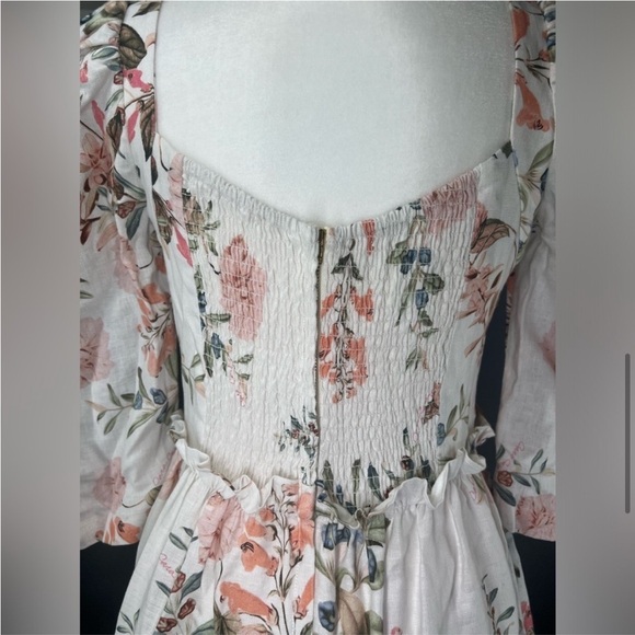 NWT Cara Cara Blue Hill Dress in Trellis Floral Ivory Tiered Linen Dress 4 Four - Picture 4 of 16